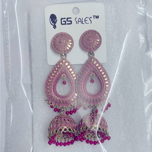 Beautiful long dome shaped pink colour lightweight metal jhumka earrings - Picture 6 of 6